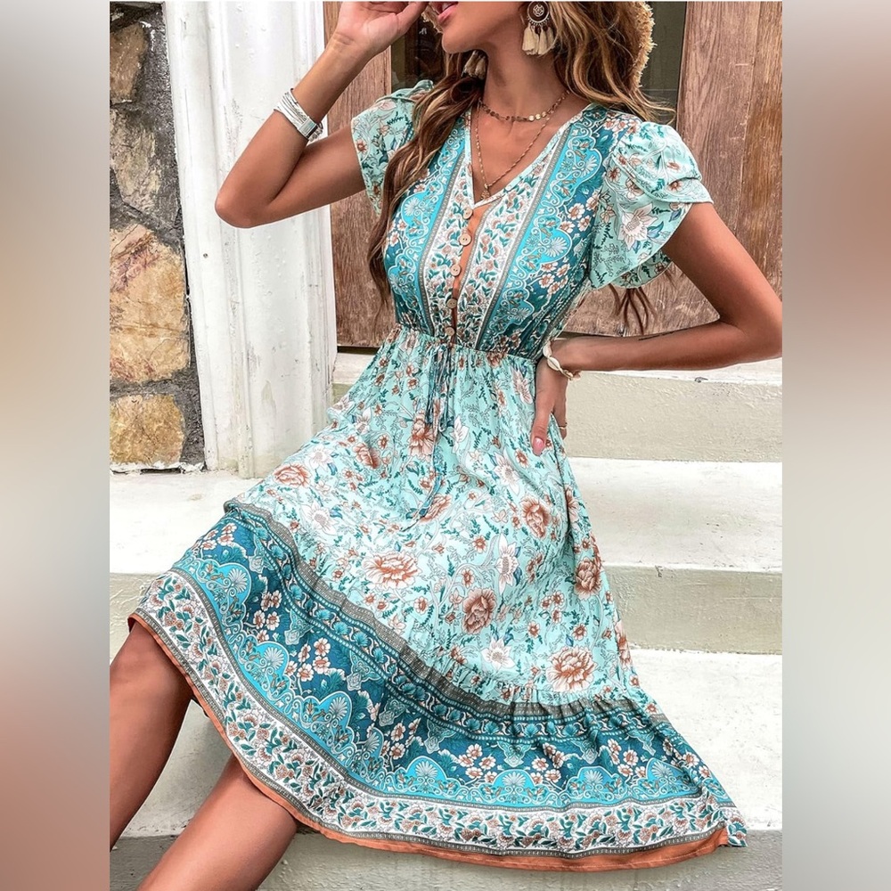 Floral Print Petal Sleeve Ruffle Hem Teal and Cream Dress